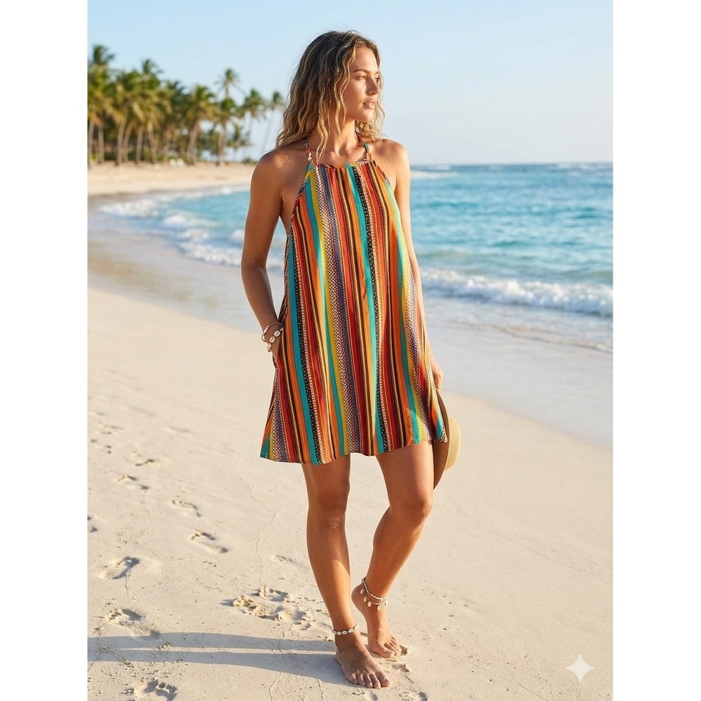 Colorful Striped Boho Sleeveless Dress Indie Granola Flowy Summer Basic Beach‎